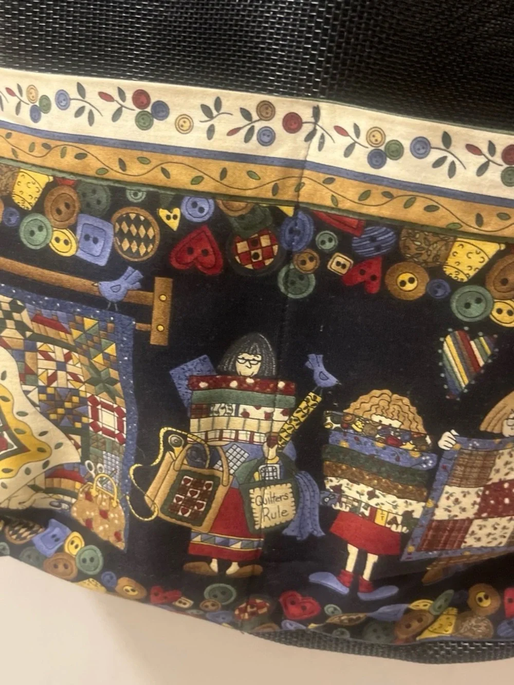 Quilt Patchwork Tote Bag - Black with Multicolor Craft Print